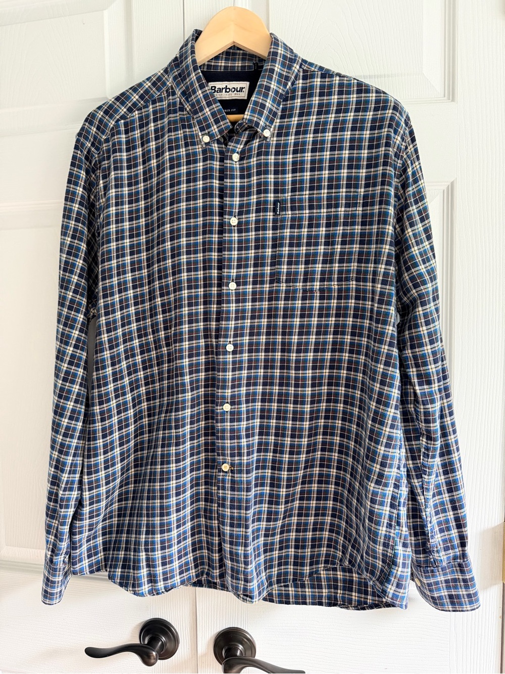 Barbour Rory Shirt Men’s XL Navy Plaid Tailored Fit Cotton Button Down
